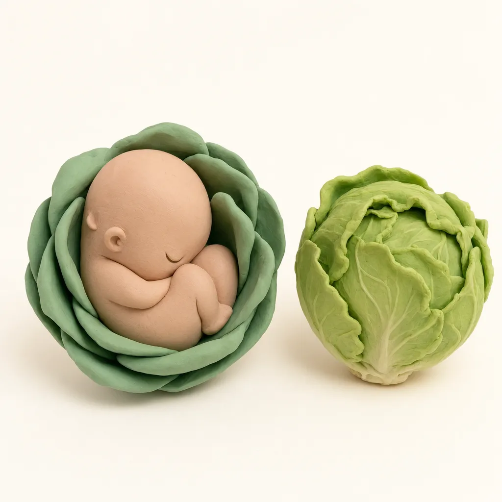 Klei-illustratie van een baby van 36 weken, opgekruld in een zachte groene omhulling, met een kropsla ernaast als groottevergelijking.