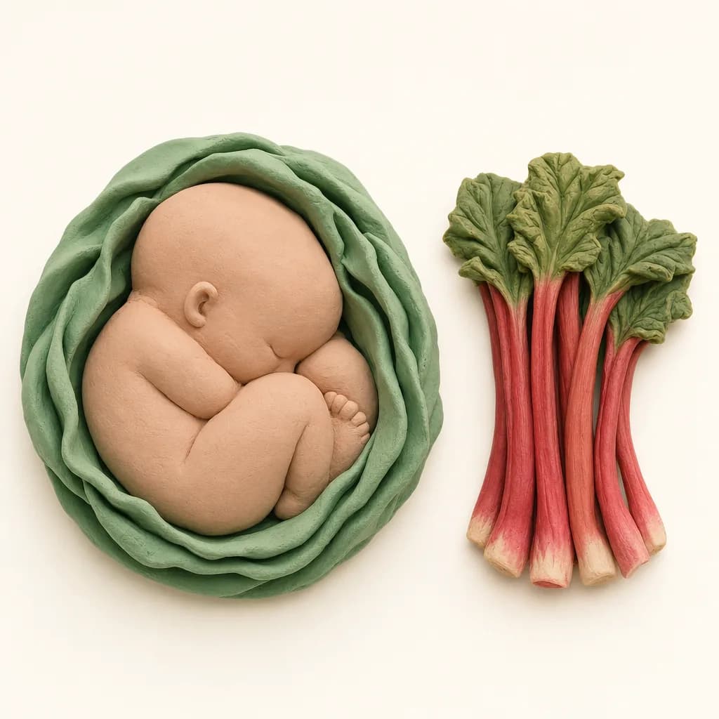Klei-illustratie van een baby van 38 weken, opgekruld in een zachte groene omhulling, met een rabarber ernaast als groottevergelijking.