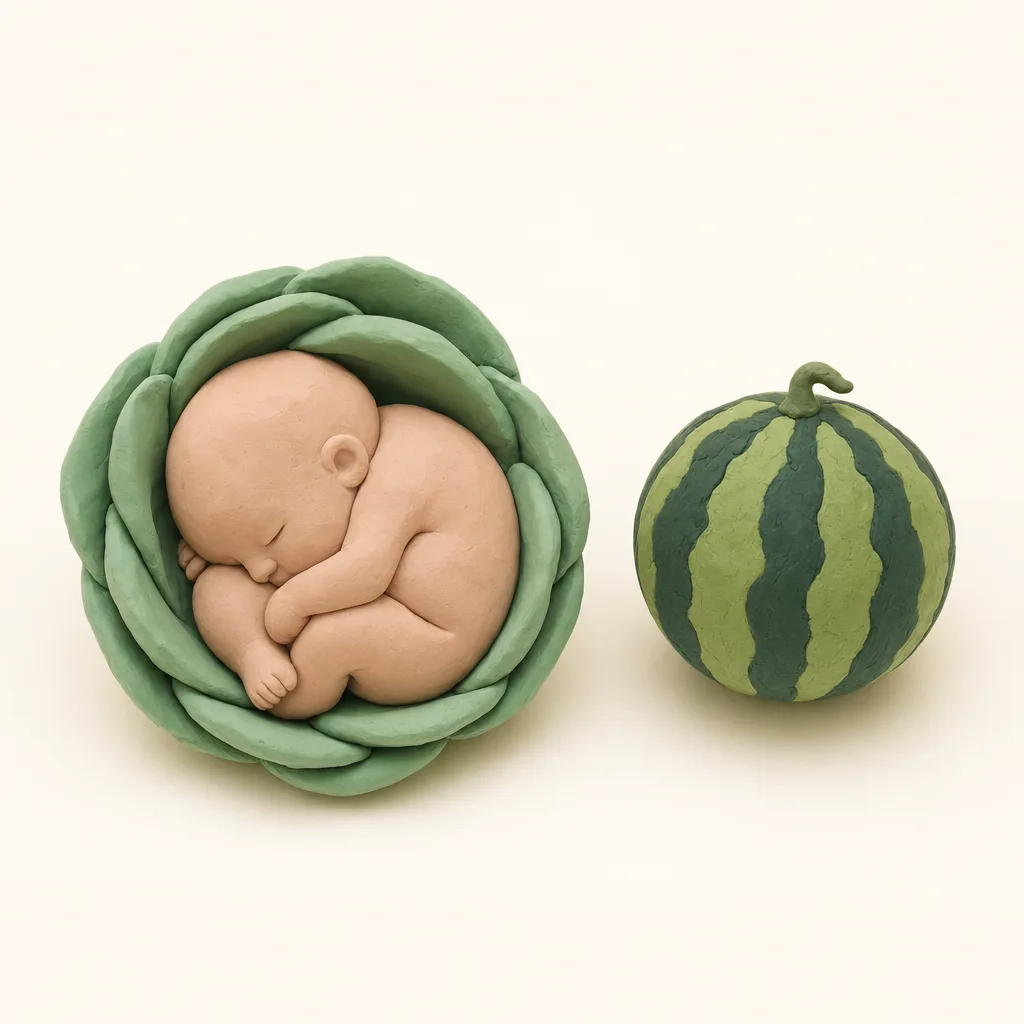 Klei-illustratie van een baby van 39 weken, opgekruld in een zachte groene omhulling, met een mini-watermeloen ernaast als groottevergelijking.