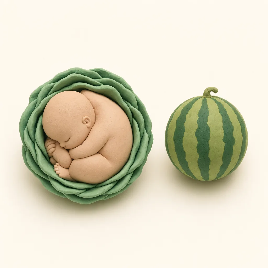 Klei-illustratie van een baby van 40 weken, opgekruld in een zachte groene omhulling, met een watermeloen ernaast als groottevergelijking.